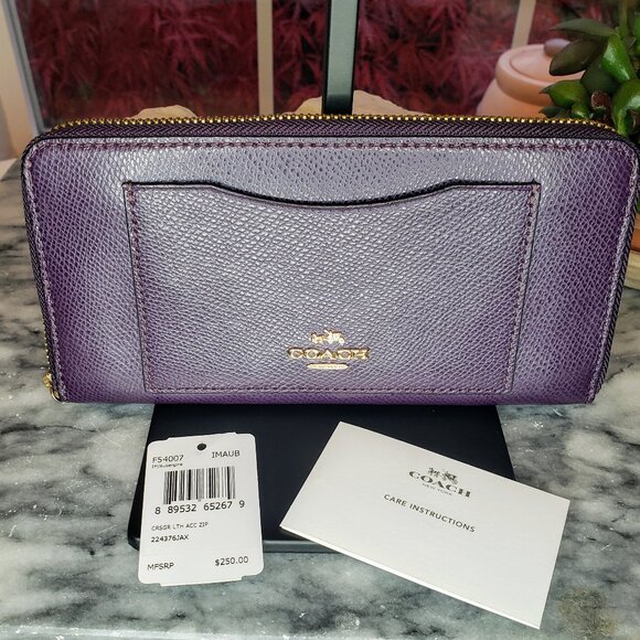 Coach Accordion Zip Around Wallet - Purple Crossgrain Leather - Picture 1 of 10